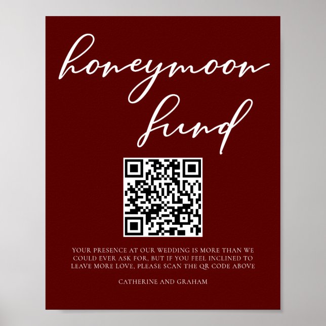 Elegant Burgundy Bröllop Honeymoon Fund QR-kod Poster (Framsidan)