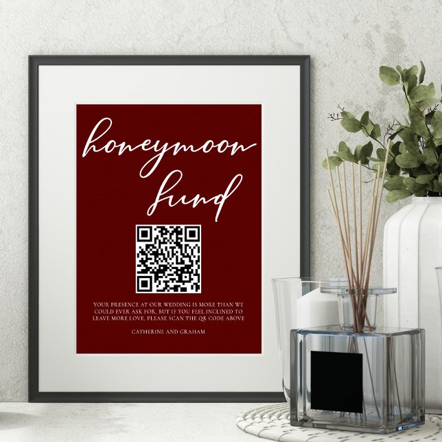 Elegant Burgundy Bröllop Honeymoon Fund QR-kod Poster (Skapare uppladdad)