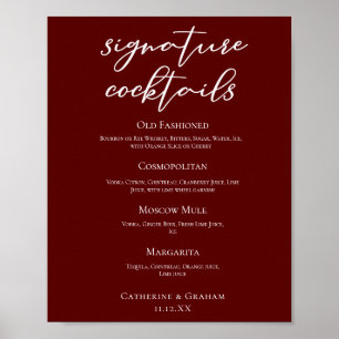 Elegant Burgundy Bröllop Namnteckning Cocktails Me Poster