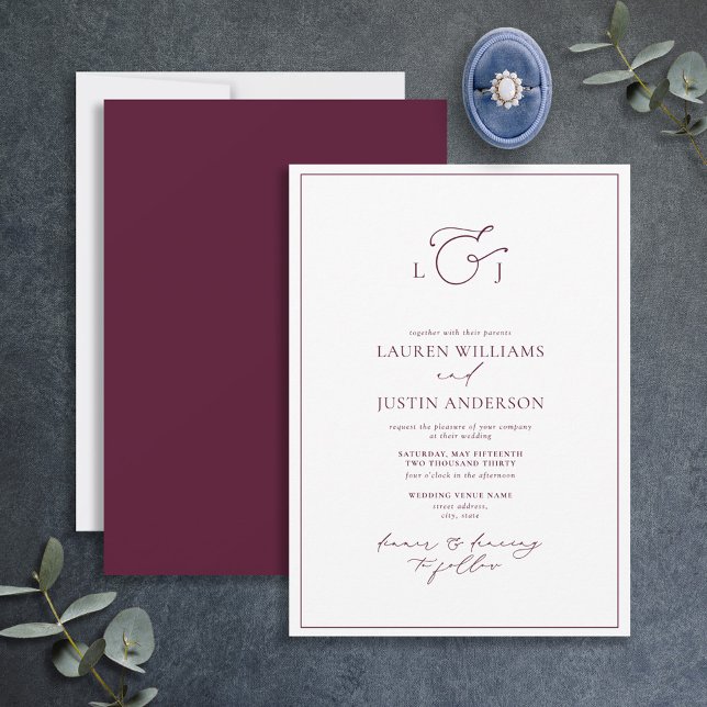 Elegant Burgundy Calligraphy Monogram Bröllop Inbjudningar (Skapare uppladdad)