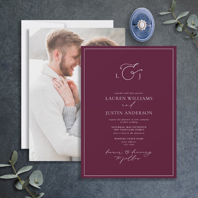 Elegant Burgundy Calligraphy Monogram Photo Inbjudningar (Skapare uppladdad)