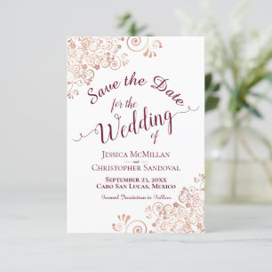 Elegant Burgundy Calligraphy & Ro Guld Bröllop Spara Datumet