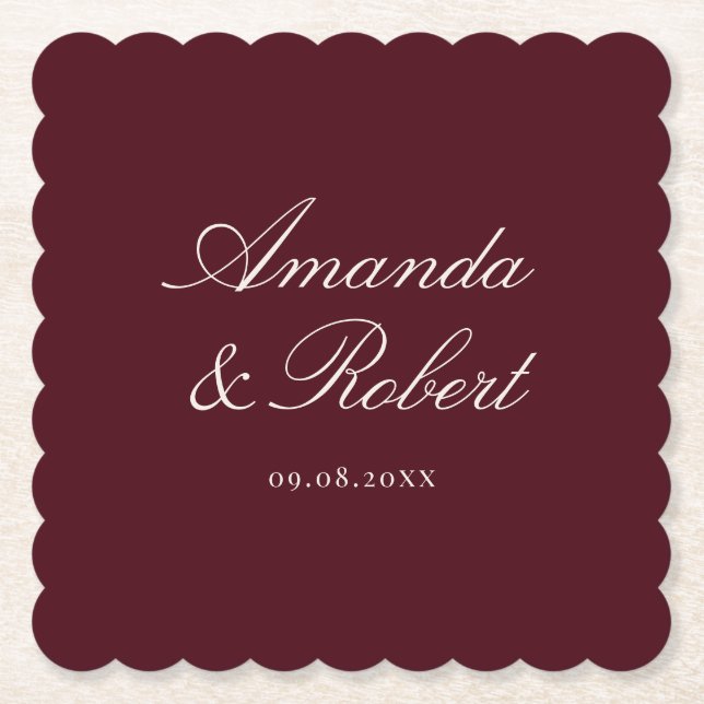Elegant Burgundy Calligraphy Wedding Underlägg Papper (Framsida)