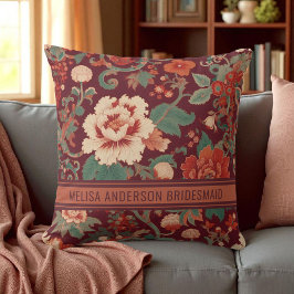 Elegant Burgundy Chinoiserie Blommigt Bridesmaid Kudde