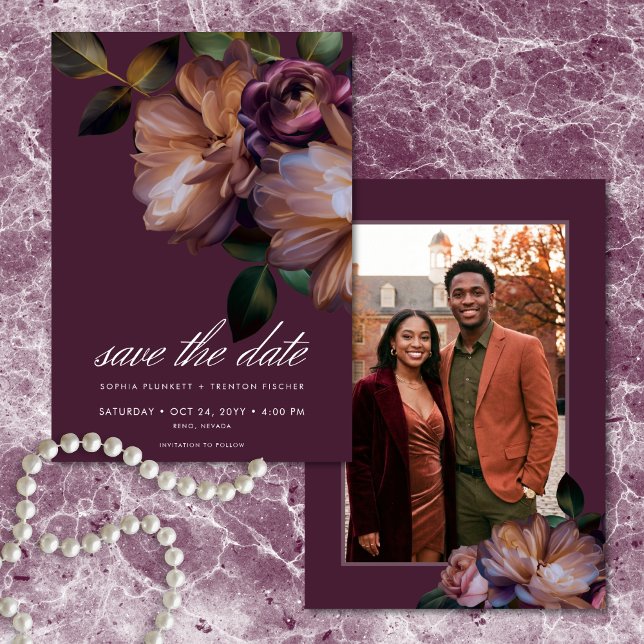 Elegant Burgundy Classic Moody Floral Photo Spara Datumet (Elegant Burgundy Classic Moody Floral Photo Save The Date)