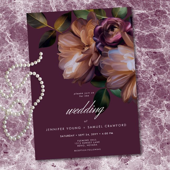 Elegant Burgundy Classic Moody Floral Wedding Inbjudningar (Elegant Burgundy Classic Moody Floral Invitation)