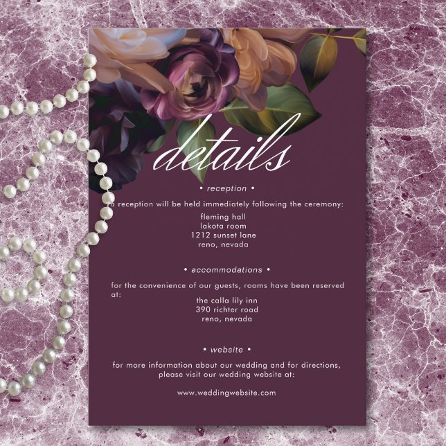 Elegant Burgundy Classic Moody Floral Wedding Tilläggskort (Elegant Burgundy Classic Moody Floral Wedding Enclosure Card)