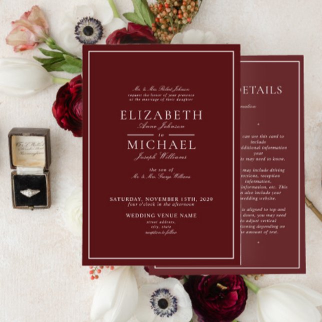 Elegant Burgundy Classic Script-information Bröllo Inbjudningar (Skapare uppladdad)