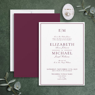 Elegant Burgundy Classic Script Monogram Bröllop Inbjudningar