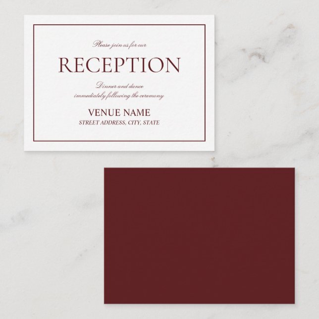 Elegant Burgundy Classic Script Reception Tilläggskort (Fram/baksida)