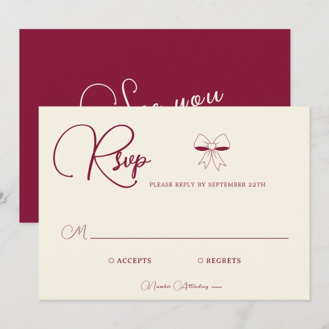 Elegant Burgundy Cream Ivory Bow Wedding RSVP Card (Fram/baksida)