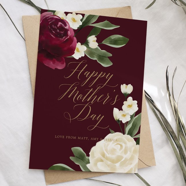 Elegant Burgundy & Cream Ro Blommar Mors dag Kort (Elegant Burgundy & Cream Rose Blossom Mother's Day Card)