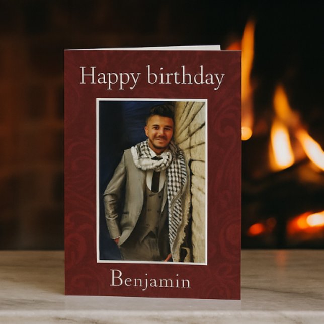Elegant Burgundy Damask Photo Birthday Kort (Skapare uppladdad)