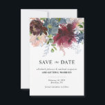 Elegant Burgundy Dammtorr Blå Blommig Akvarell Brö Spara Datumet<br><div class="desc">Stilrent Rustik Modern Burgundy Dammtorr Blå Blommig Akvarell Lövverk Grönska Boho Trädgårdsbröllop Spara Datum</div>