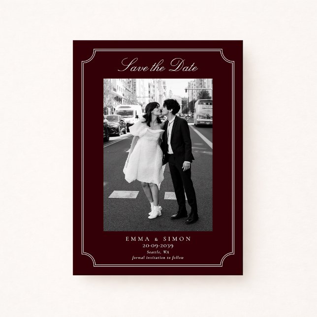 Elegant Burgundy Double Frame Photo Save the Date Tack Kort (Skapare uppladdad)