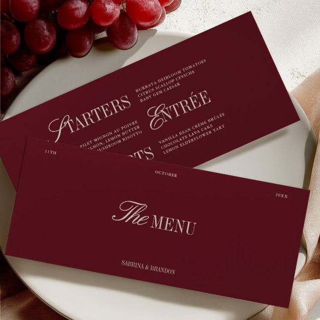 Elegant Burgundy & Elfenbensvit Bröllopsmeny Kort (Elegant Burgundy & Ivory Wedding Dinner Menu Card)
