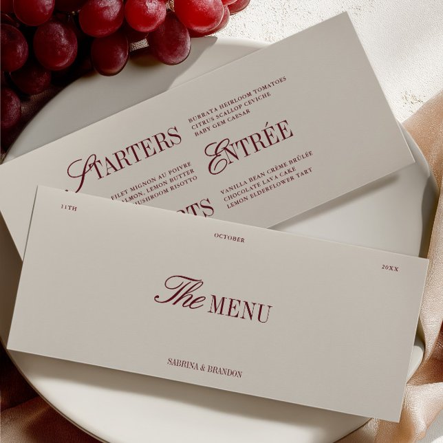 Elegant Burgundy & Elfenbensvit Bröllopsmeny Kort (Elegant Burgundy & Ivory Wedding Dinner Menu Card)