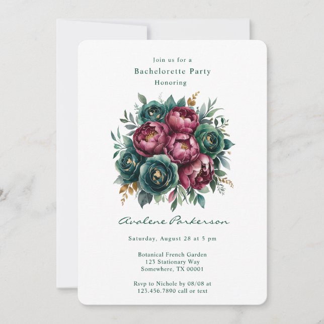 Elegant Burgundy Emerald Peony Bachelorette Party Inbjudningar (Framsida)