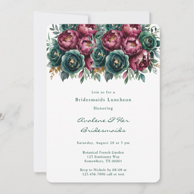 Elegant Burgundy Emerald Peony Bridesmaids Lunch Inbjudningar (Framsida)