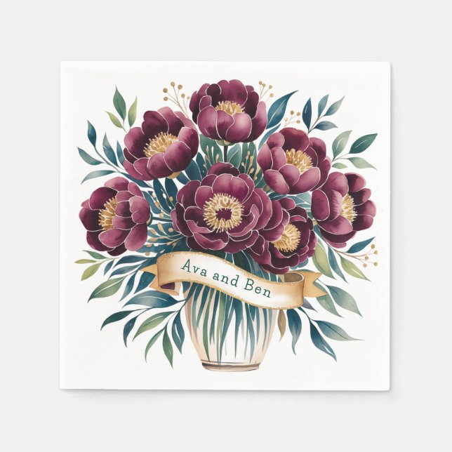 Elegant Burgundy & Emerald Peony med Guld Accent Pappersservett (Framsidan)