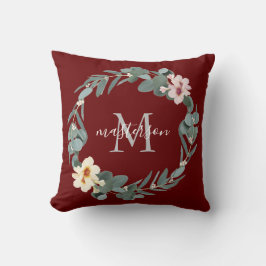 Elegant Burgundy Eucalyptus Blommigt Monogram Kudde