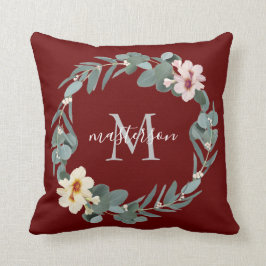 Elegant Burgundy Eucalyptus Blommigt Monogram Kudde