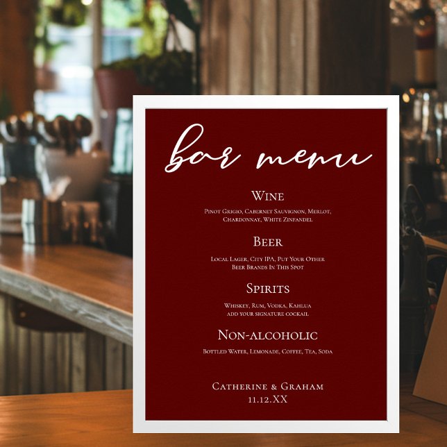 Elegant Burgundy Evening Bröllop Pub Menu Poster (Skapare uppladdad)