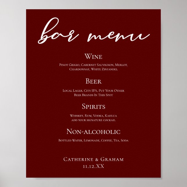 Elegant Burgundy Evening Bröllop Pub Menu Poster (Framsidan)