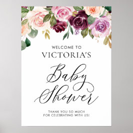 Elegant Burgundy Fall Blommigt Baby Shower Välkomm Poster