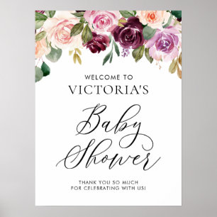 Elegant Burgundy Fall Blommigt Baby Shower Välkomm Poster