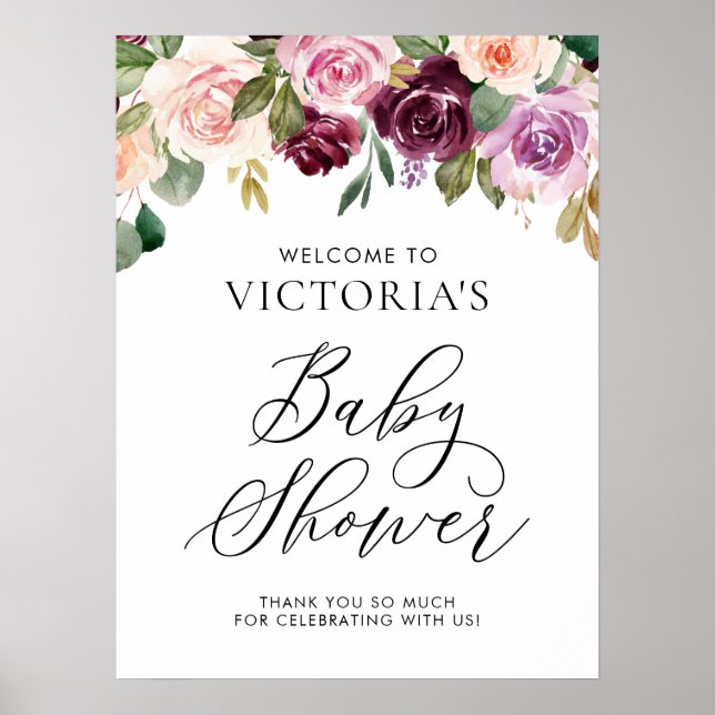 Elegant Burgundy Fall Blommigt Baby Shower Välkomm Poster (Framsidan)