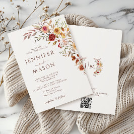 Elegant Burgundy-fall hösten Blommigt Bröllop QR i Inbjudningar