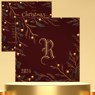 Elegant Burgundy-familjens monogram julkort