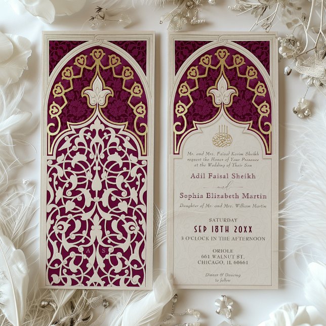 Elegant Burgundy & Faux Gold Foil Islamic Bröllop Inbjudningar (Skapare uppladdad)