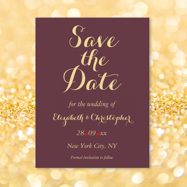 Elegant Burgundy Faux Guld Bröllop spara datum Vykort (Elegant Burgundy Faux Gold Wedding Save the Date Postcard)