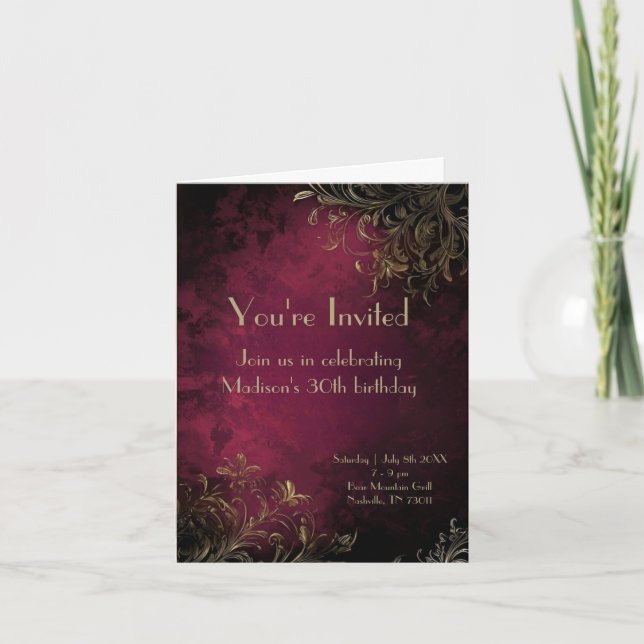 Elegant Burgundy & Faux Guld Inbjudan (Framsida)