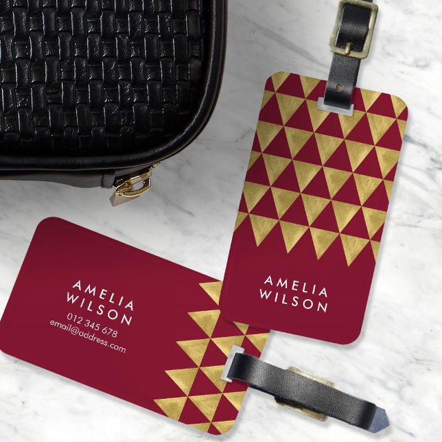 Elegant Burgundy Faux Guld Triangle Luggage Tag Bagagebricka (Skapare uppladdad)