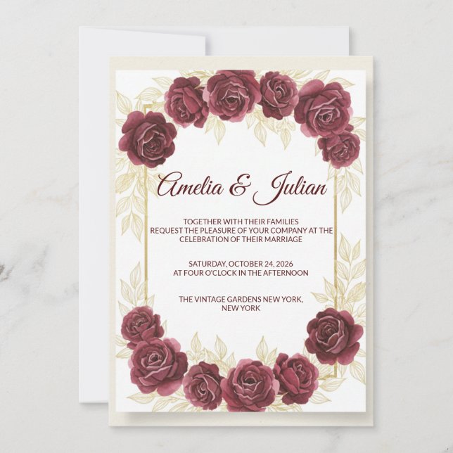 Elegant Burgundy Floral and Gold Wedding Invitatio Inbjudningar (Framsida)