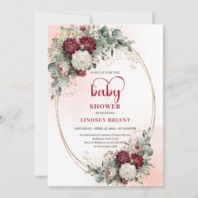 Elegant Burgundy Floral Baby Shower Invitation Inbjudningar (Framsida)