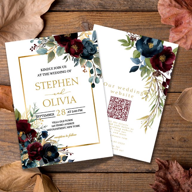 Elegant Burgundy Floral Blooms wedding  QR details Inbjudningar (Skapare uppladdad)