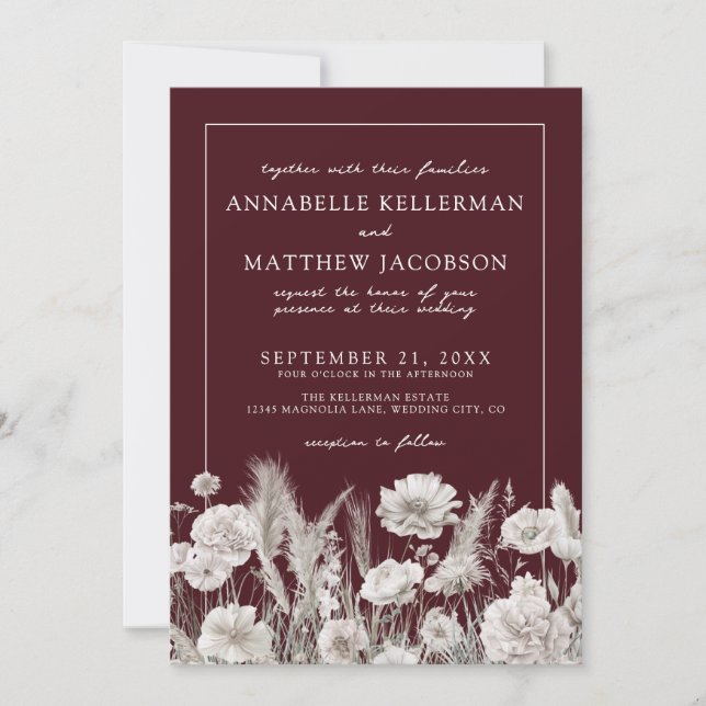 Elegant Burgundy Floral Boho Wedding Inbjudningar (Framsida)