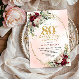 Elegant Burgundy Floral Gold 80th Birthday Party Inbjudningar