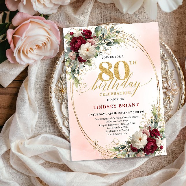 Elegant Burgundy Floral Gold 80th Birthday Party  Inbjudningar (Elegant Burgundy Floral Gold 80th Birthday Party Invite)