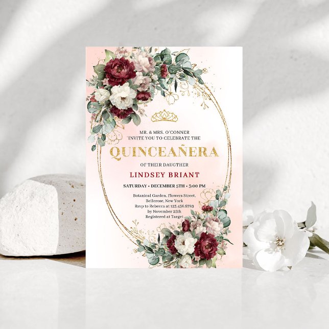 Elegant Burgundy Floral Gold Quinceañera Invite Inbjudningar (Elegant Burgundy Floral Gold Quinceañera Invite)
