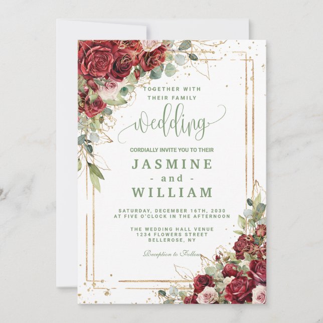 Elegant Burgundy Floral  Gold  Wedding Inbjudningar (Framsida)