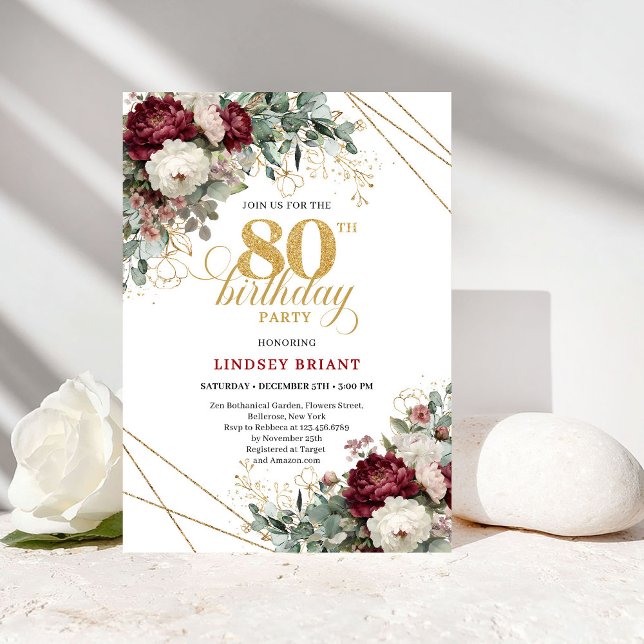 Elegant Burgundy Floral Greenery 80th Birthday Inbjudningar (Elegant Burgundy Floral Greenery 80th Birthday)
