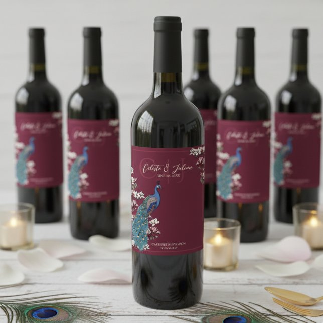 Elegant Burgundy Floral Peacock Wedding Vinflaska Etikett (Elegant Deep Burgundy Floral Peacock Bridal Shower Wine Labels. Blue Bird & Teal Feathers, Monogram )