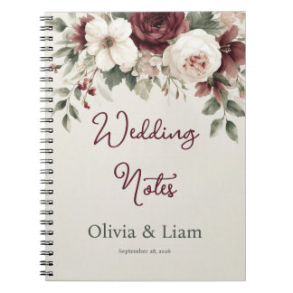 Elegant Burgundy Floral Personalized Wedding Plann Anteckningsbok