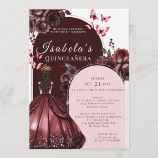 Elegant Burgundy Floral Quinceanera Invitation Inbjudningar