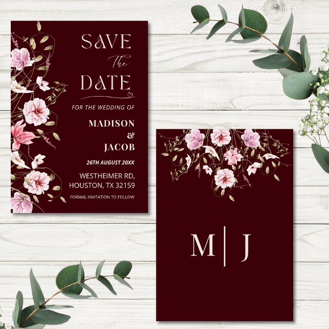 Elegant Burgundy Floral Save the Date Card Inbjudningar (Skapare uppladdad)